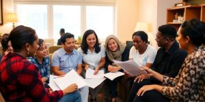 Group discussing legal help in a supportive environment.