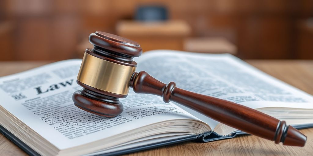 Gavel on law book with courtroom background.