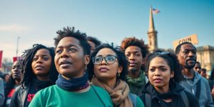 Diverse activists marching in unity for civil rights.