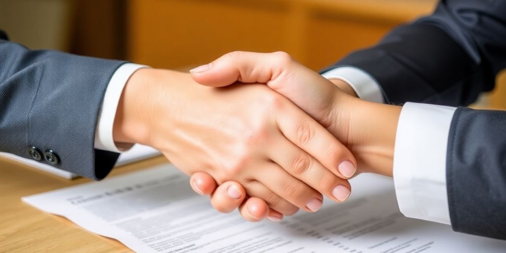 Two hands shaking in a negotiation setting.