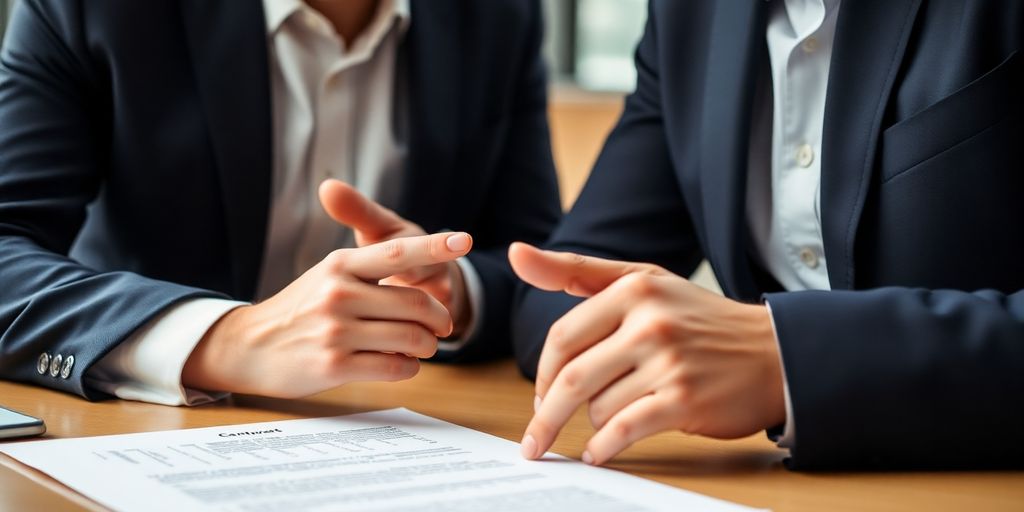 Two professionals negotiating over a contract at a table.