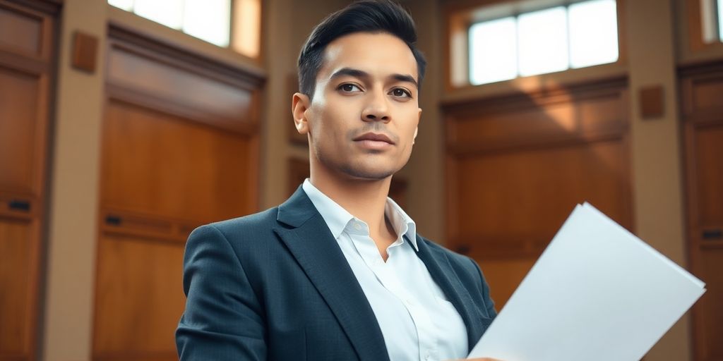 Person in courtroom, appearing confident and prepared.