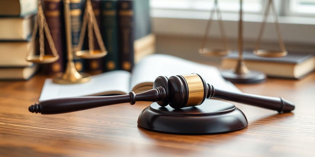 Gavel on a wooden desk with legal books and scales.