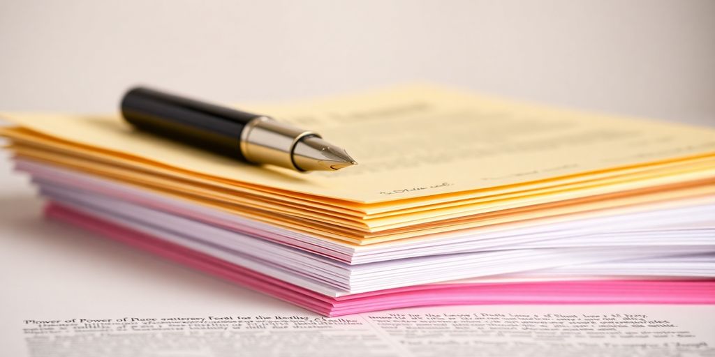 Stack of legal documents and a fountain pen.