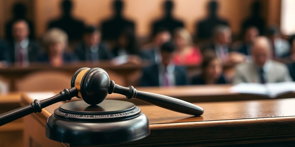 A gavel on a wooden judge's bench in court.